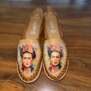 Women's Tan Leather Slip-On Loafers with Portrait Print